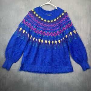 Cultural Fair Isle Print Fluffy Furry Knit Pullover Sweater Soft Shiny T-11